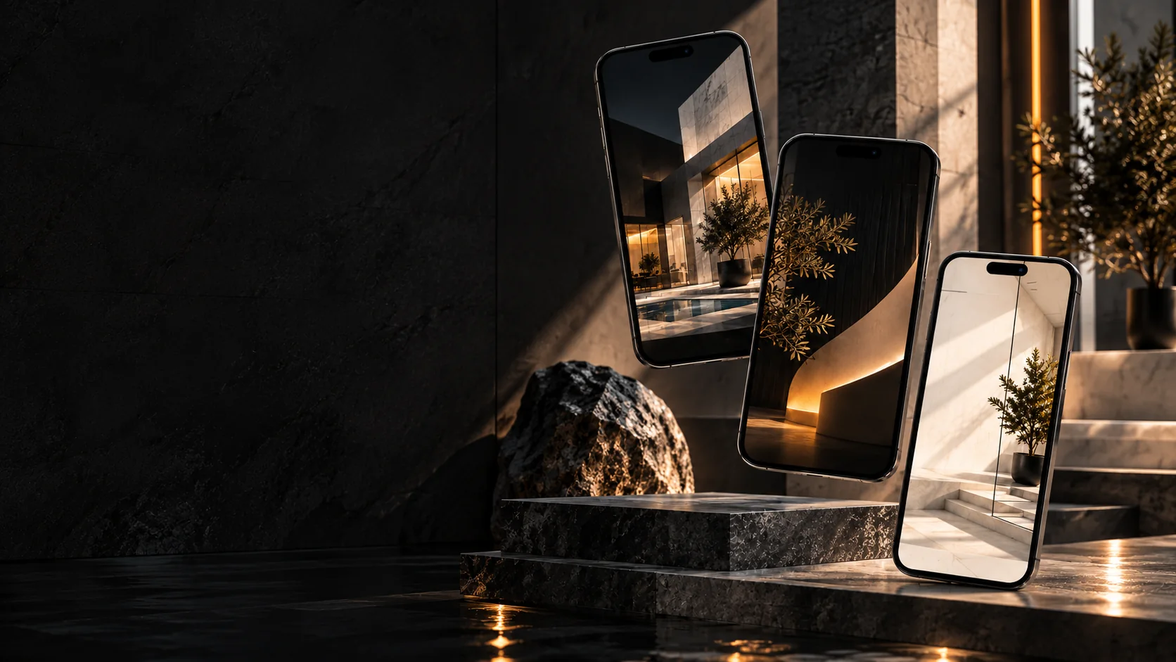 Three floating smartphones displaying architectural interiors above a dark stone plinth