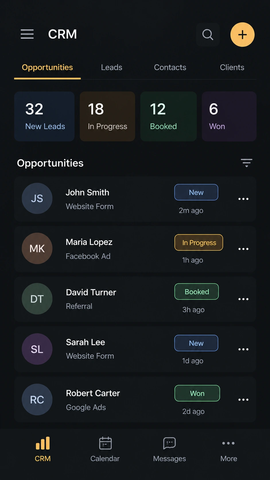 CRM dashboard concept showing sample opportunities, lead stages, contacts, and appointments