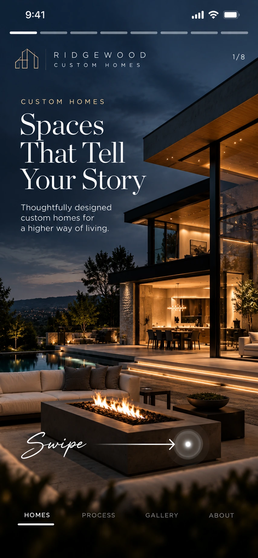 Custom-home builder website concept with a home at dusk