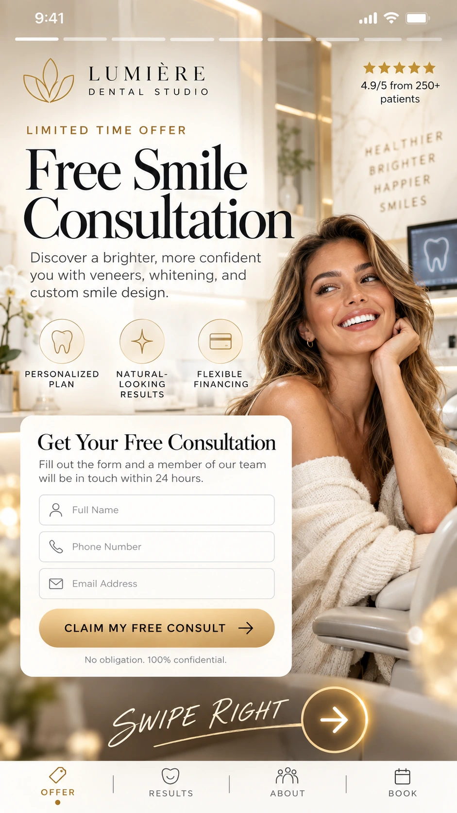 Dental landing-page concept with a sample consultation offer and inquiry form
