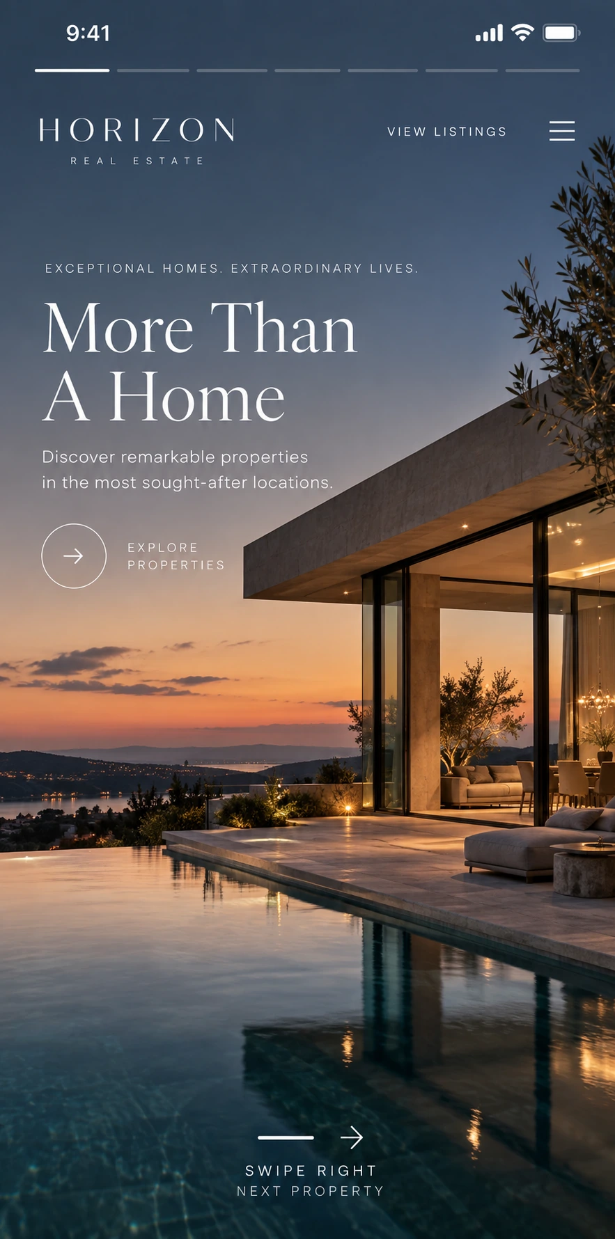 Real-estate website concept with a twilight property showcase and contact options