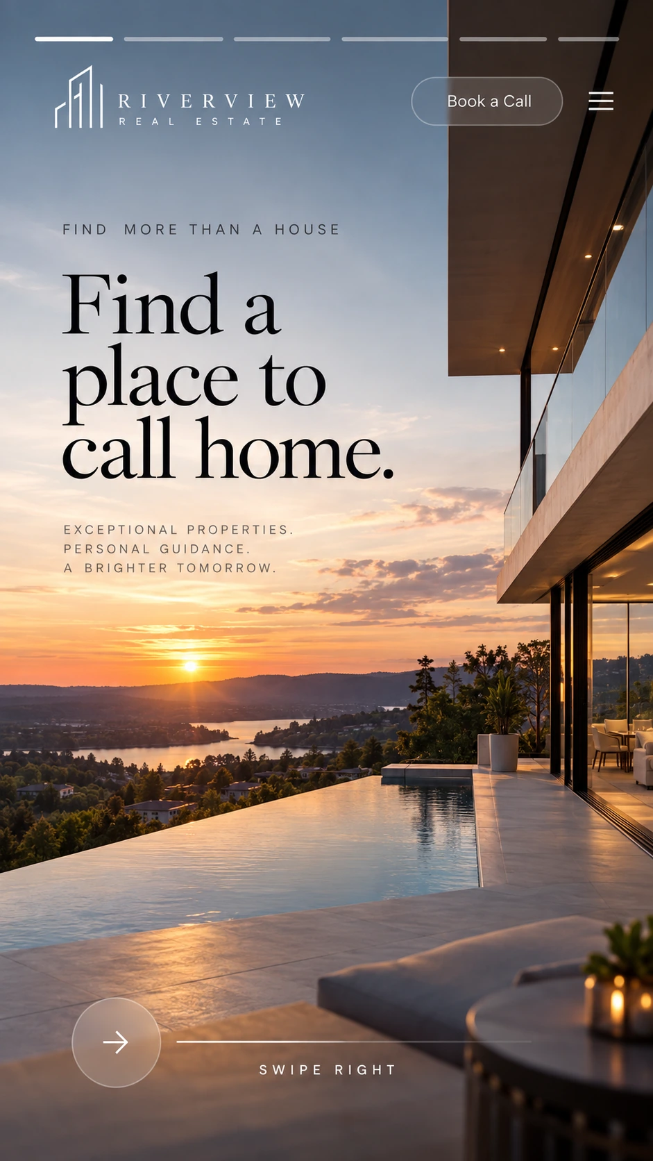 Real-estate website concept featuring a luxury home and pool at sunset