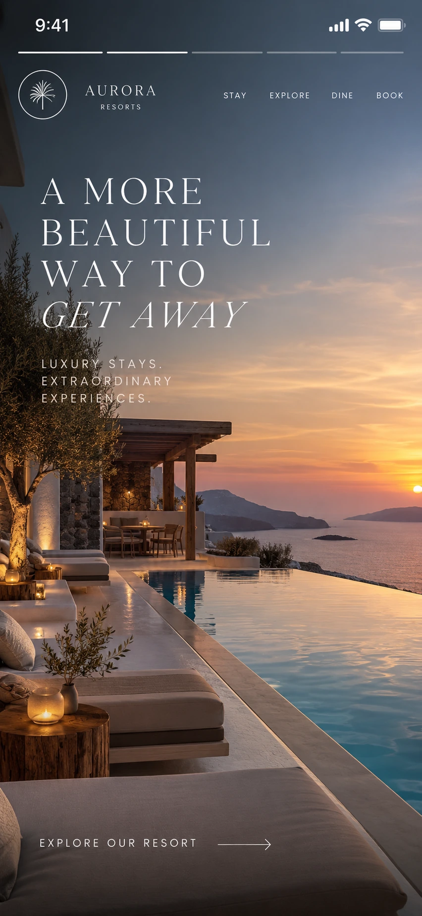 Resort website concept with an oceanfront sunset and booking invitation