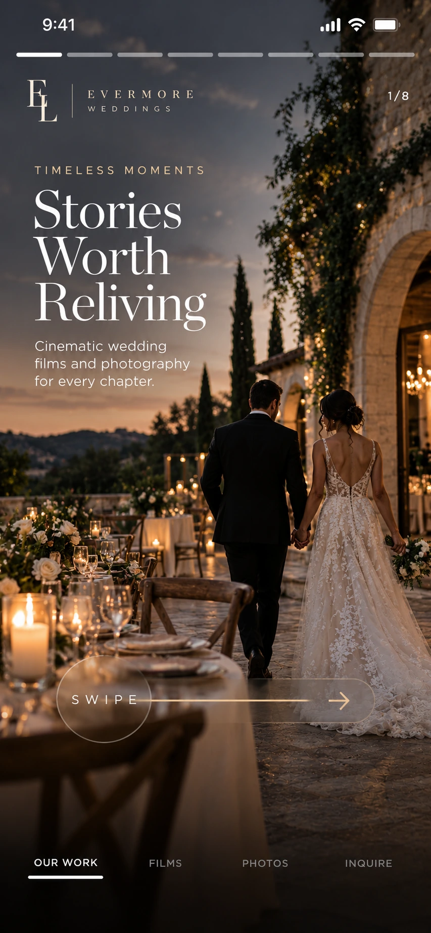 Wedding website concept with a couple, candlelit venue, and inquiry button