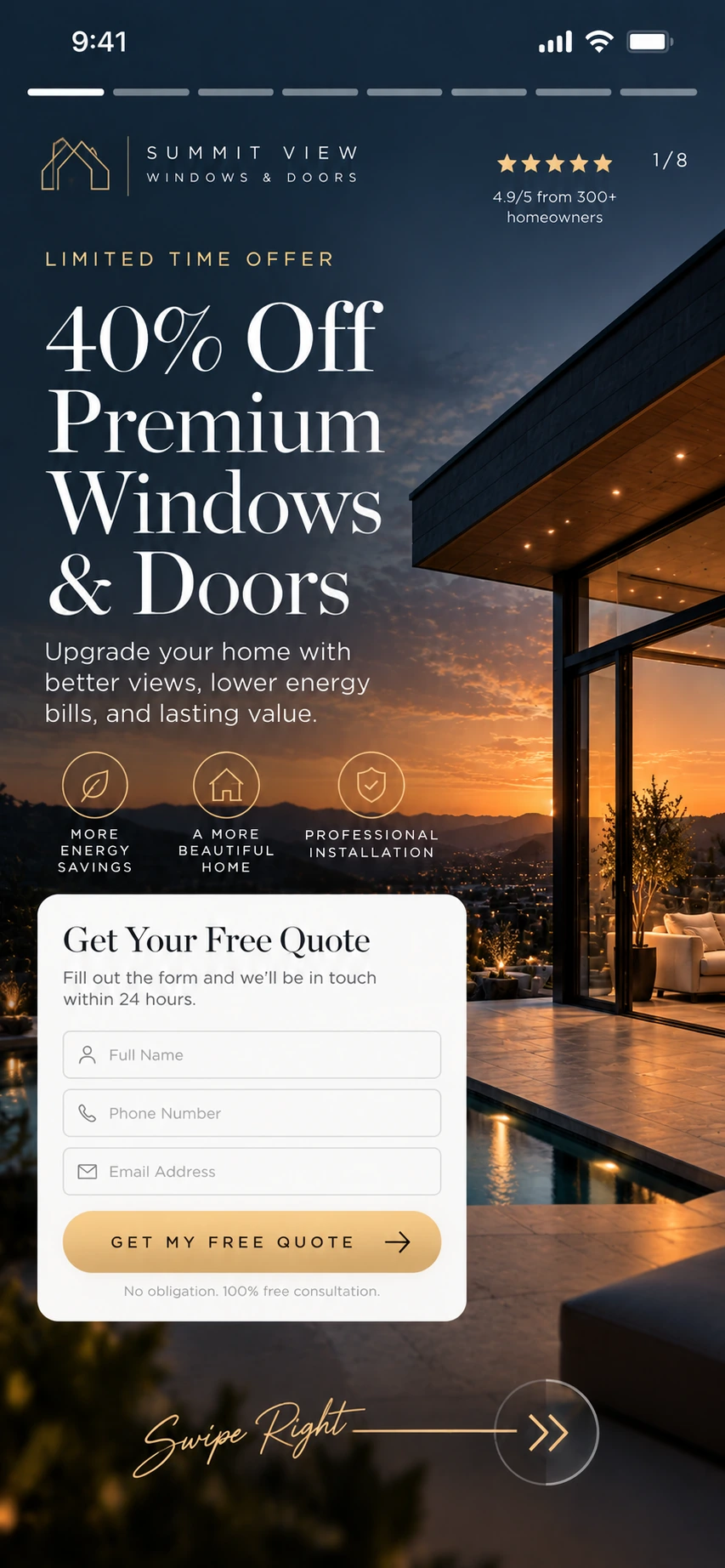 Windows and doors landing-page concept with a sample promotion and quote form