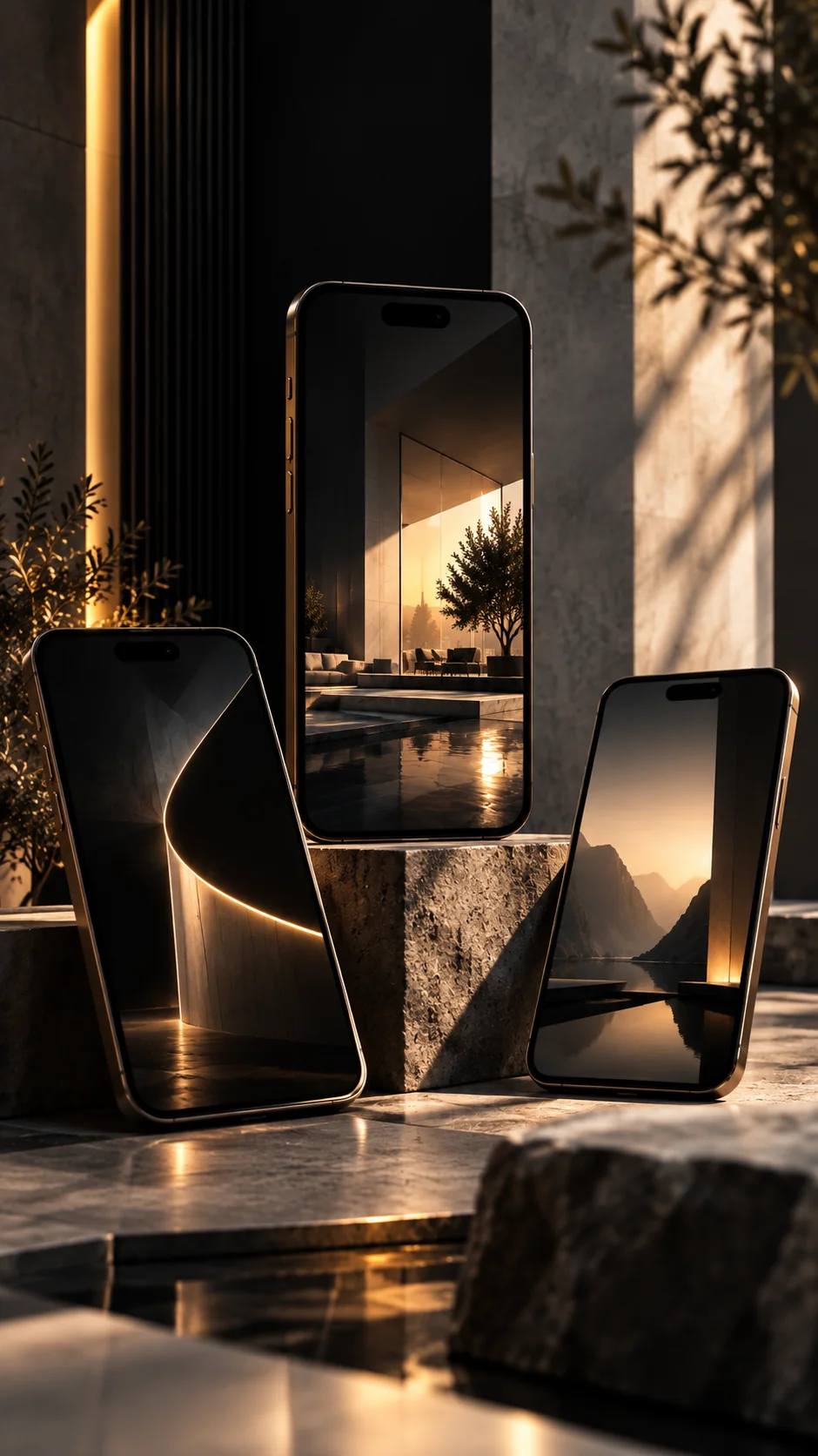 Three smartphones displaying sculptural architecture and a mountain retreat on a stone platform
