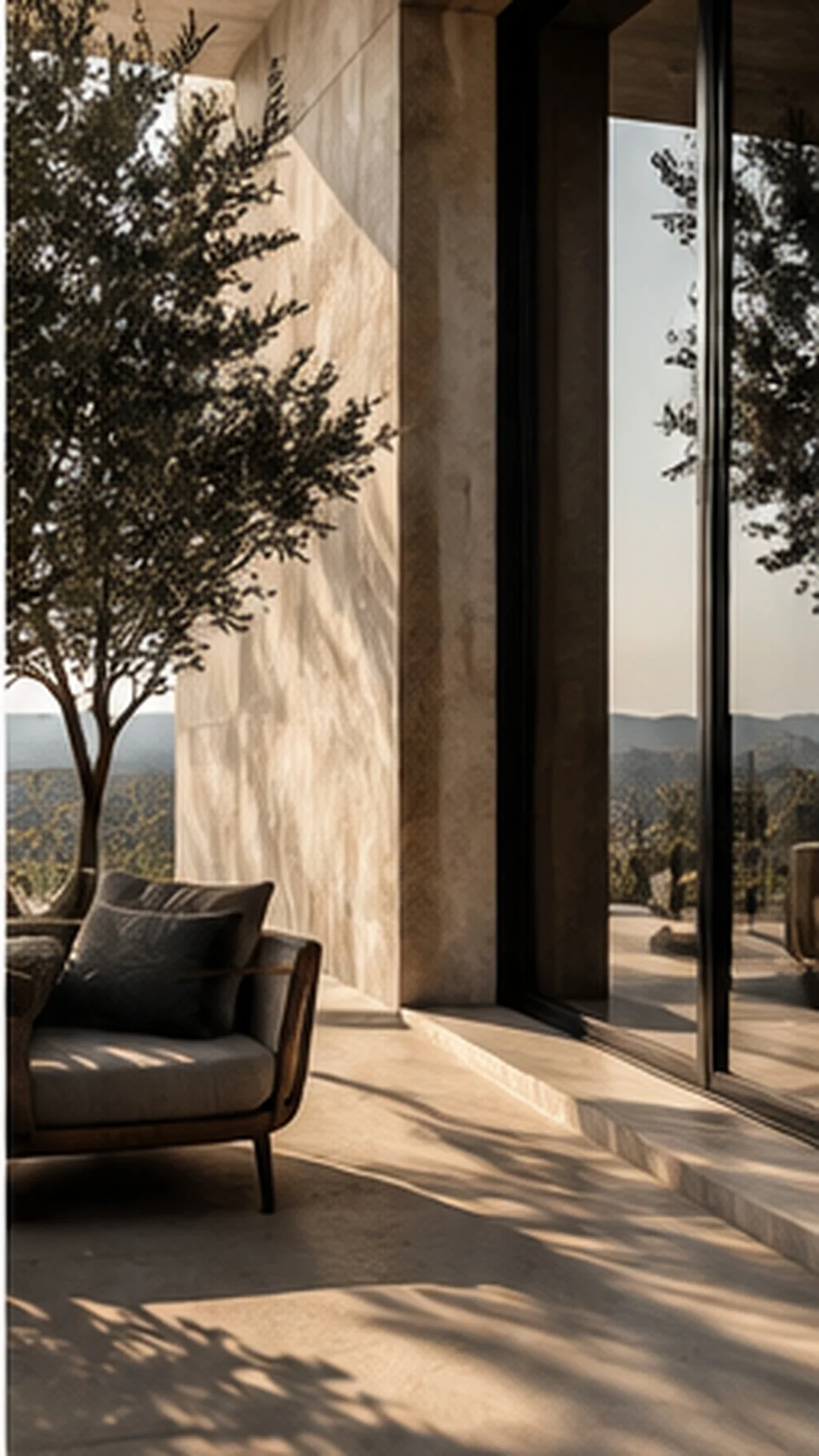 A contemporary interior with stone, glass, and natural light