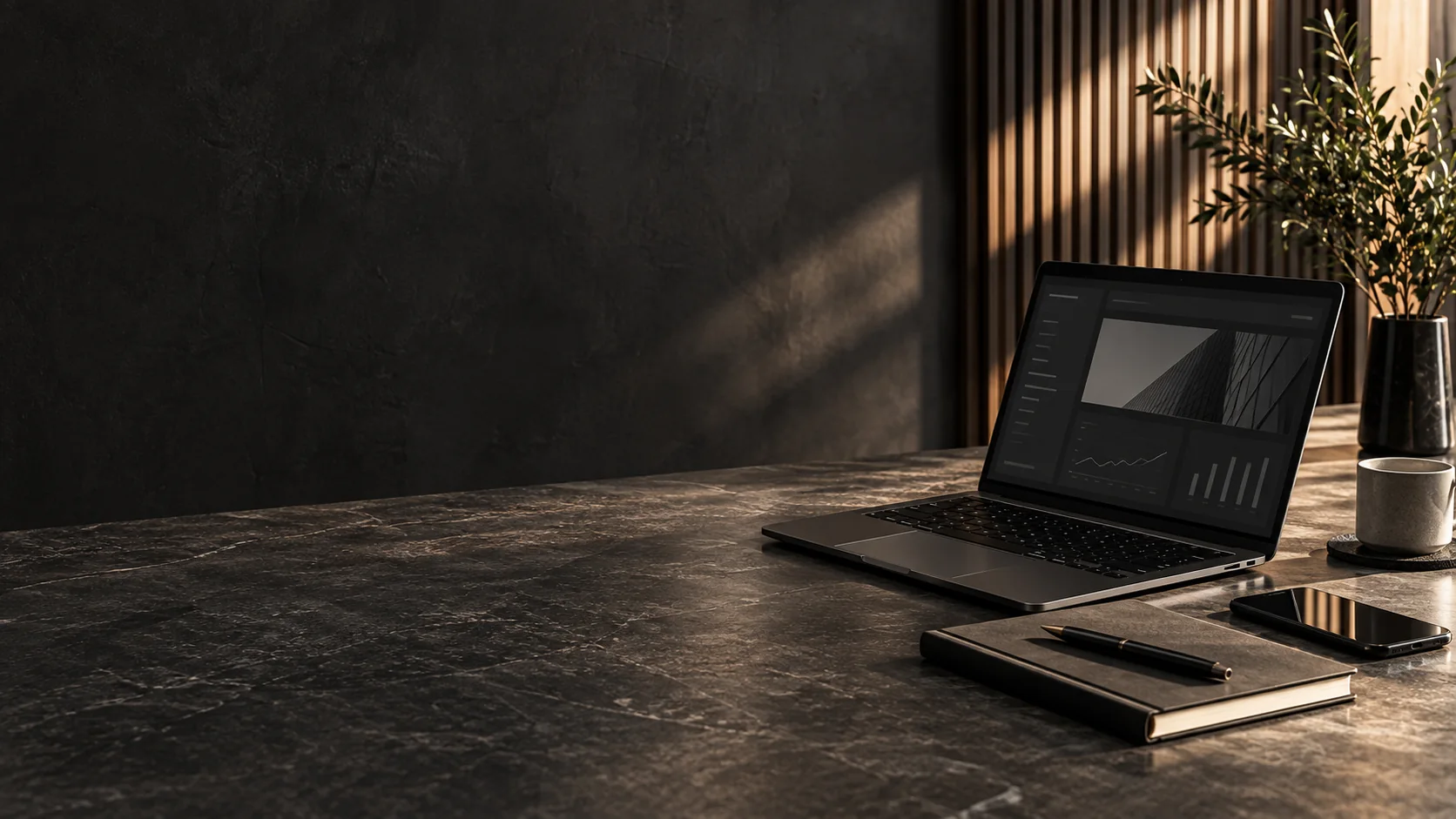 A laptop, phone, and planning notebook on a dark stone desk in an architectural workspace